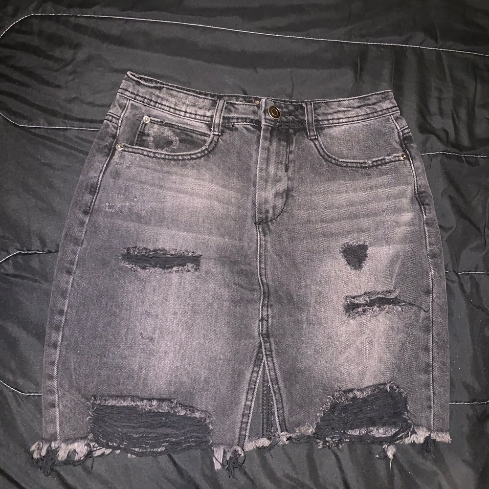 Black Denim Distressed Mini Skirt